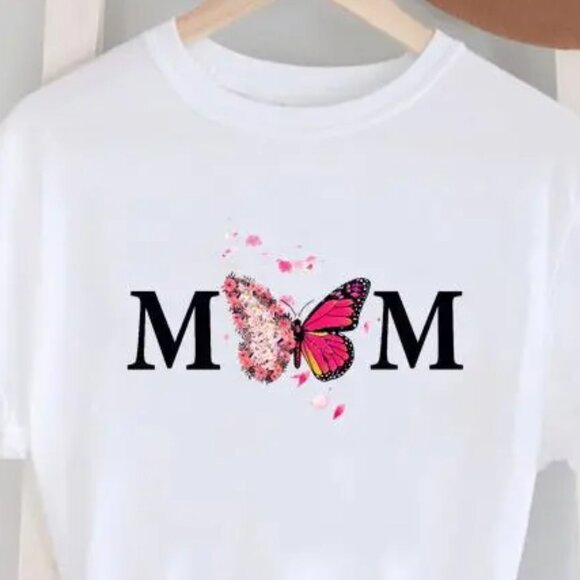 MOM Pink Butterfly Printed Round Neck Short-Sleeved T-Shirt Size L - Picture 1 of 2